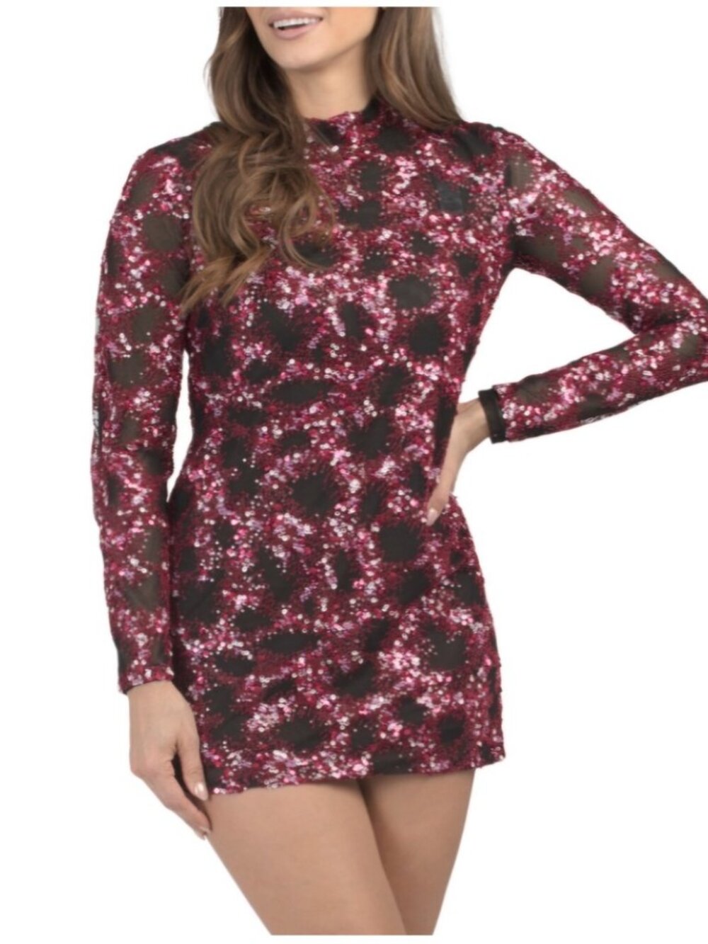 NWT BCBGMaxAzria Black & Red Sequin Long Sleeve Mock Mini Dress. Size 2